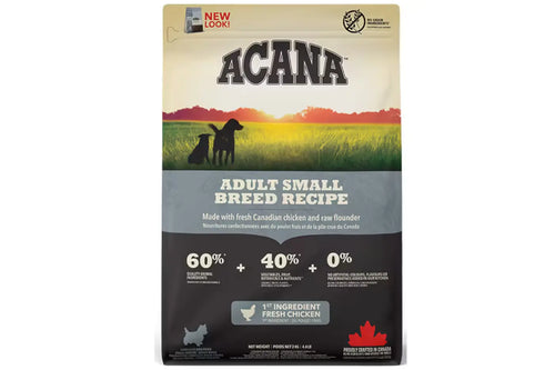 Acana dog food package for adult small breed recipe on a white background