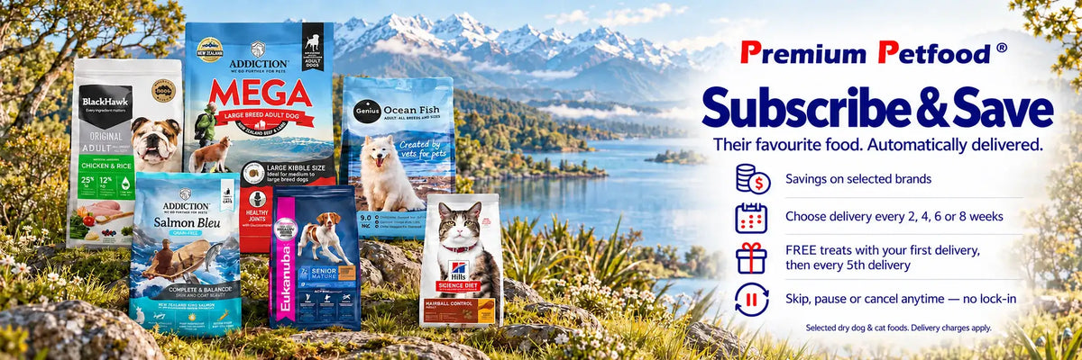 Blue and white bag of mega brand dog food with a picture of a golden retriever on the front.