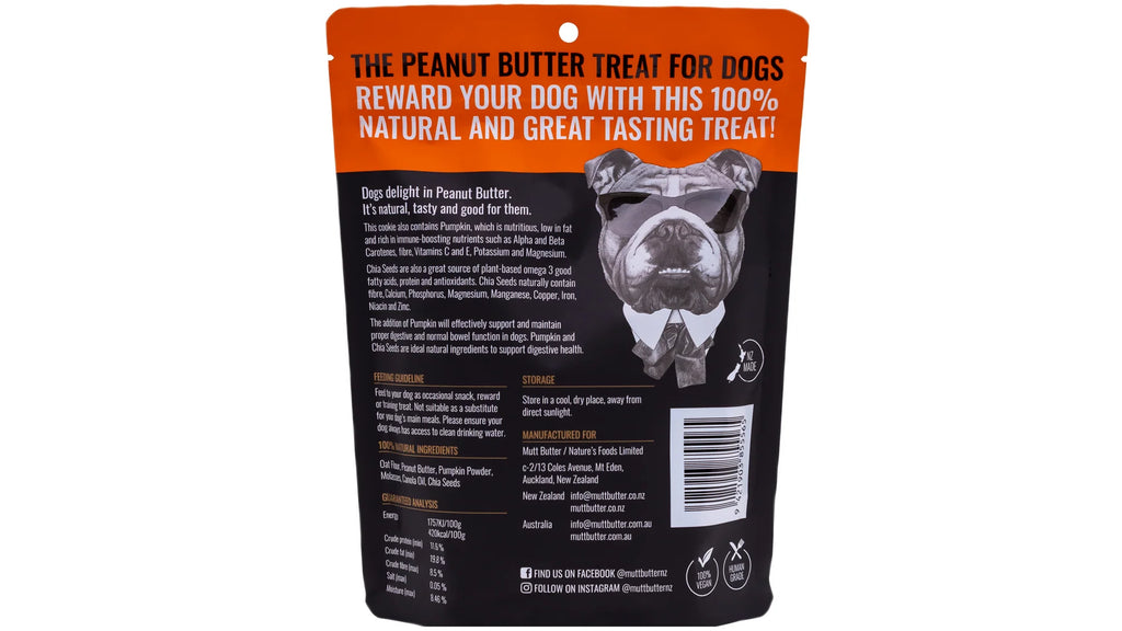 Mutt Butter Dog Treat Cookies Pumpkin & Chia Seed 250g – back of pack