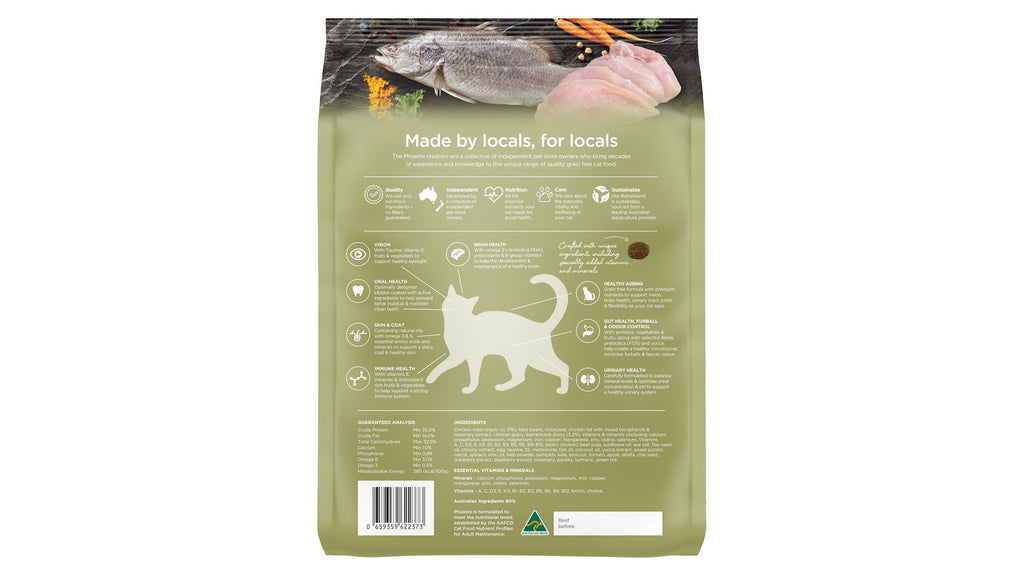 Phoenix Adult Chicken & Barramundi Dry Cat Food - back of pack