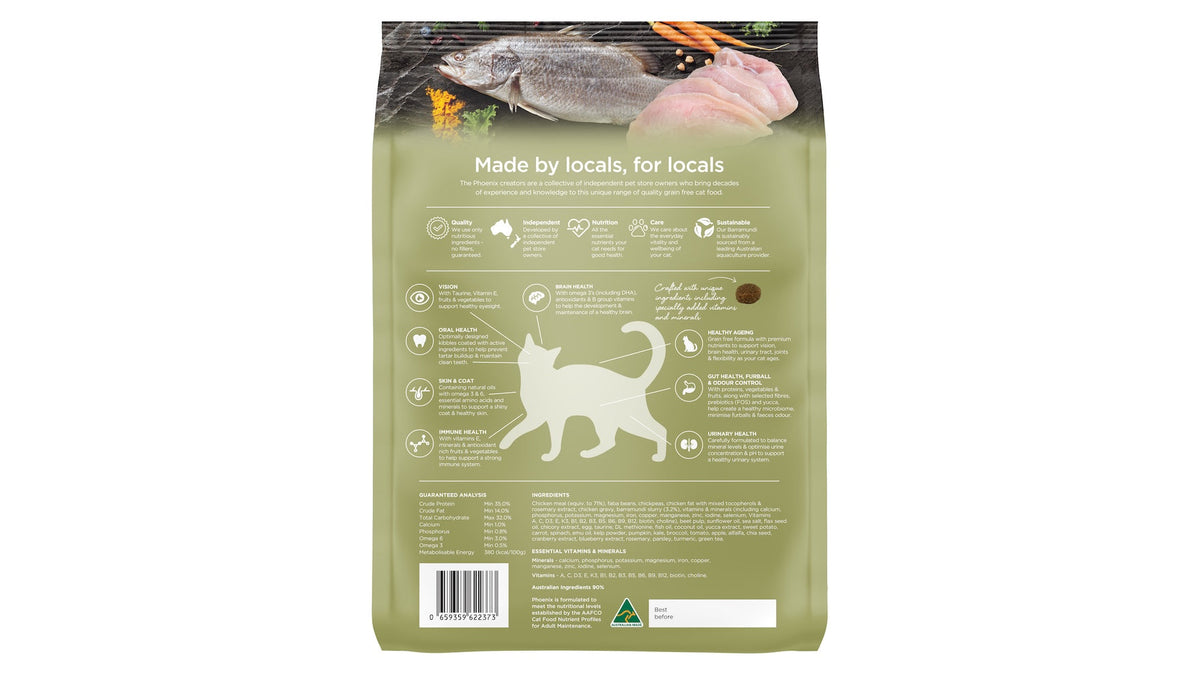Phoenix Adult Chicken & Barramundi Dry Cat Food - back of pack