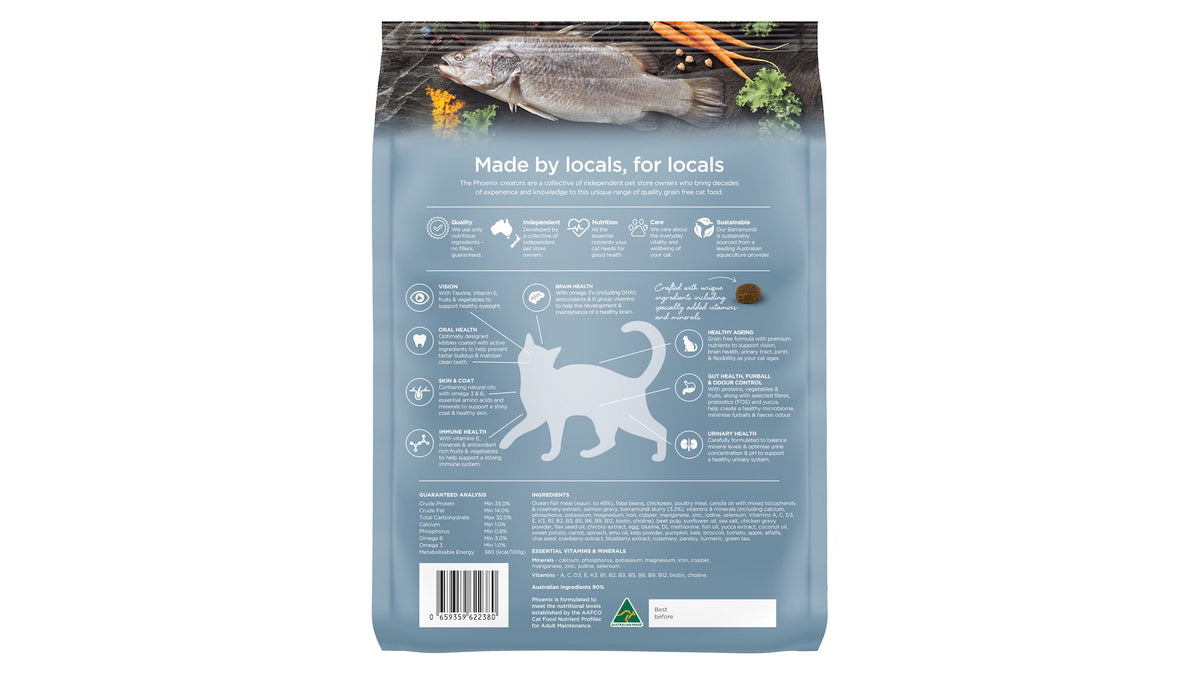 Phoenix Adult Ocean Fish & Barramundi Dry Cat Food - back of pack