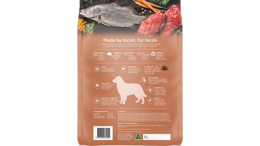Phoenix Kangaroo & Barramundi Dry Dog Food - back of pack