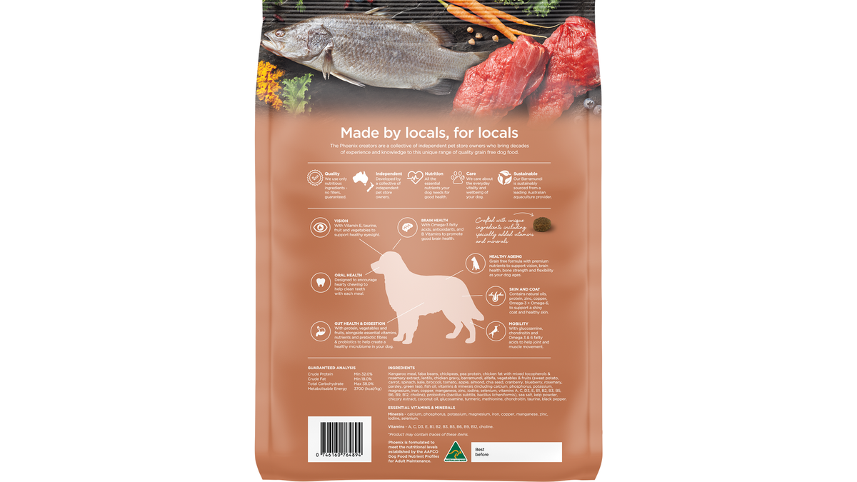 Phoenix Kangaroo & Barramundi Dry Dog Food - back of pack