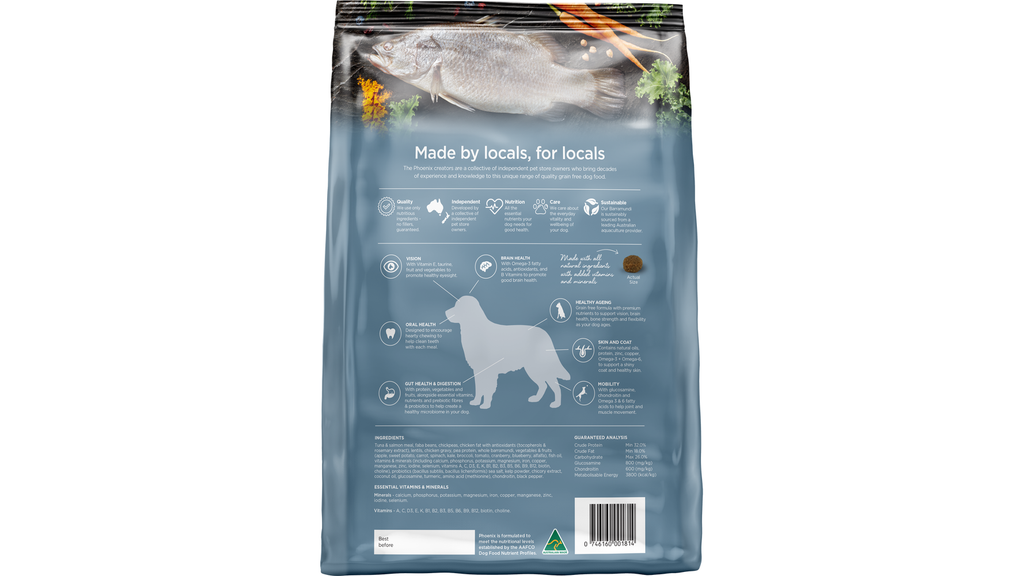 Phoenix Ocean Fish & Barramundi Dry Dog Food - back of pack