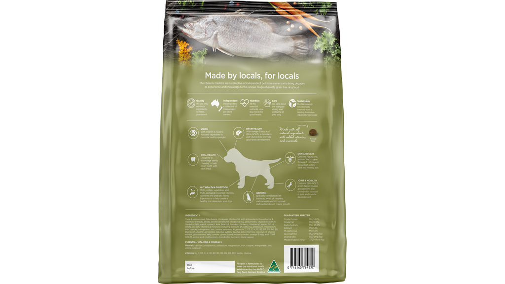 Phoenix Puppy Ocean Fish & Barramundi Dry Dog Food - back of pack