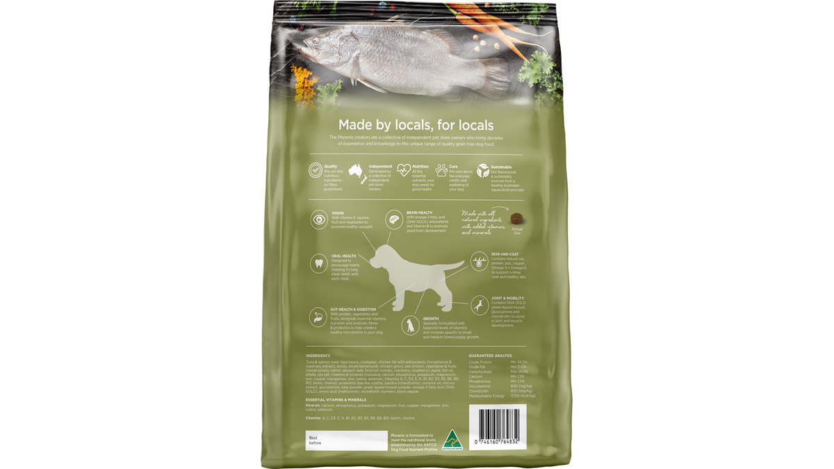 Phoenix Puppy Ocean Fish & Barramundi Dry Dog Food - back of pack