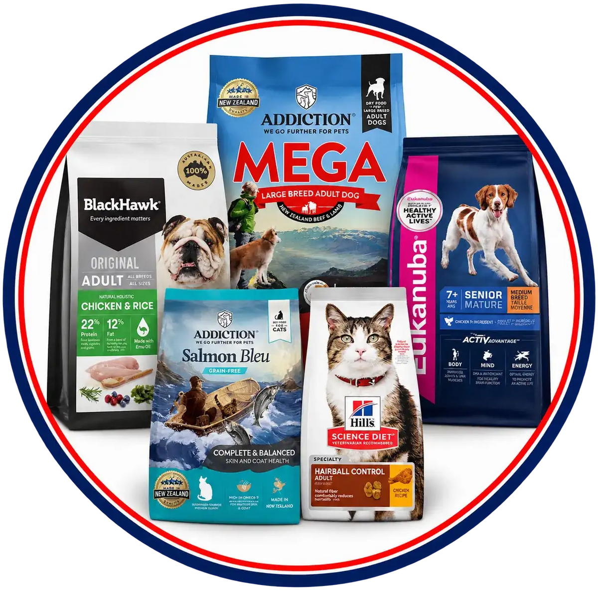 A white and blue bag of addiction mega large breed adult dog food, featuring a new zealand landscape design with two dogs on the front.